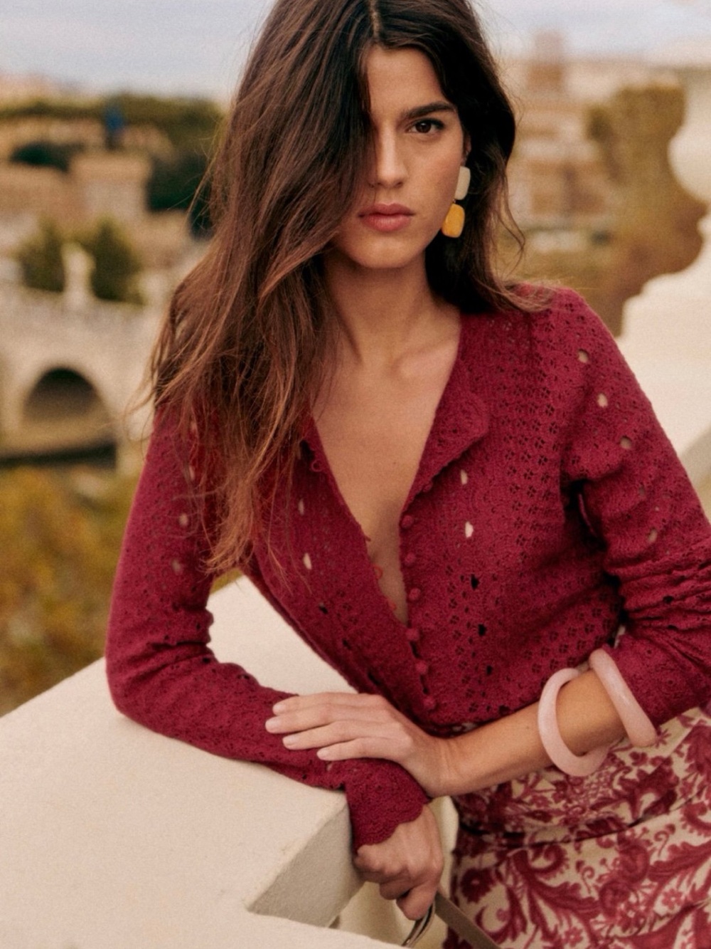 Sezane Burgundy Noellie Openwork V-Neck Cardigan